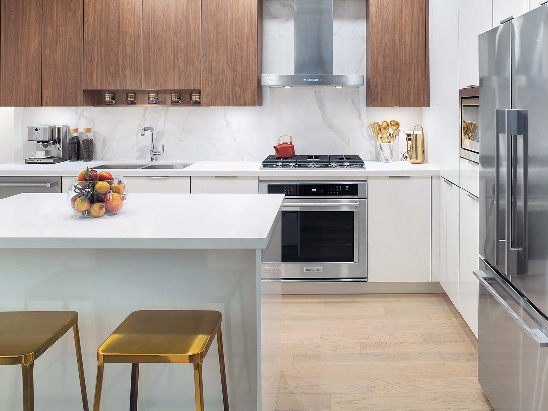 kitchen with gold stools